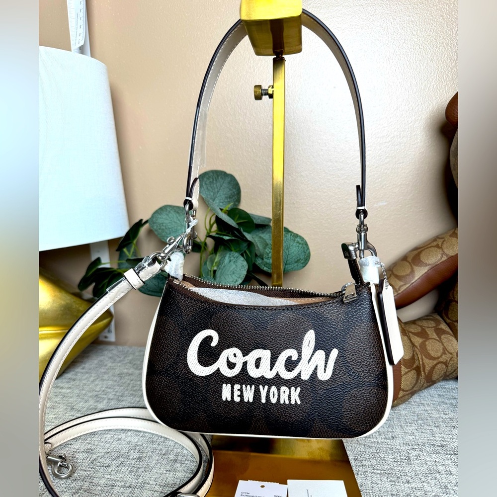 Teri Mini Crossbody Bag In Signature Canvas With Brown and White Women's Bag